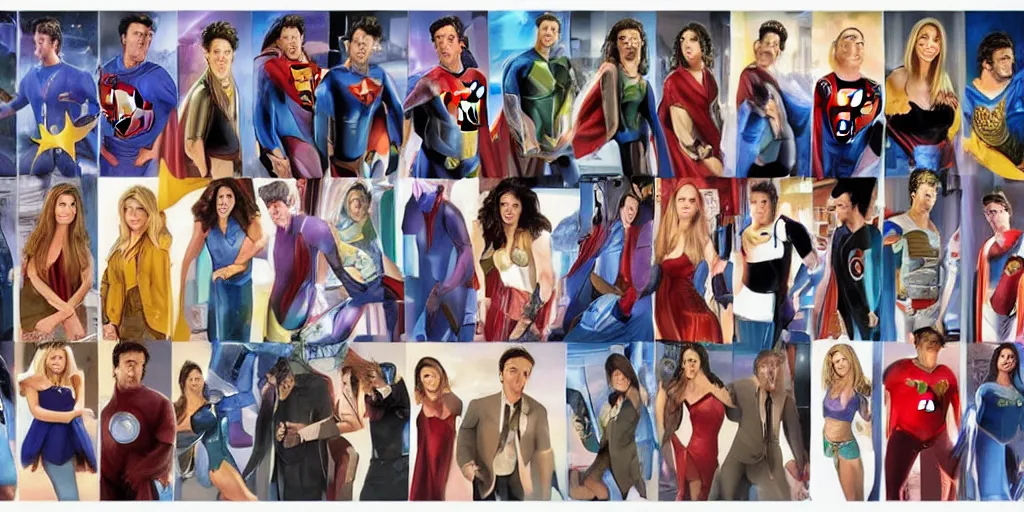 Prompt: photorealistic art of the cast of friends as super heroes, dynamic lighting, space atmosphere, hyperrealism, stunning visuals