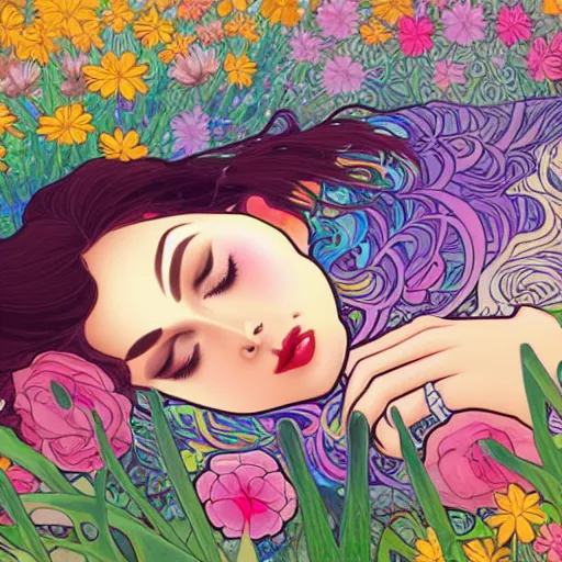 Prompt: a woman sleeping in the middle of flowers, confident pose, intricate, elegant, sharp focus, illustration, highly detailed, concept art, matte, trending on artstation, lisa frank, alfons mucha