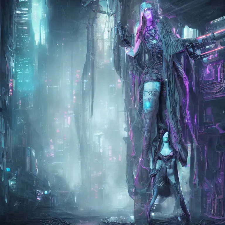 Image similar to futuristic priestess in a hooded robe full of cables and neons, cyberpunk, gothic, fantasy, science fiction, character concept art, matte painting, hyperdetailed, realistic, creepy, atmospheric, cinematic, kinemacolor