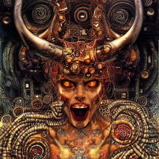 Image similar to horned cybernetic demon trapped in circuitry, intricate detail, klimt, royo, whealan,