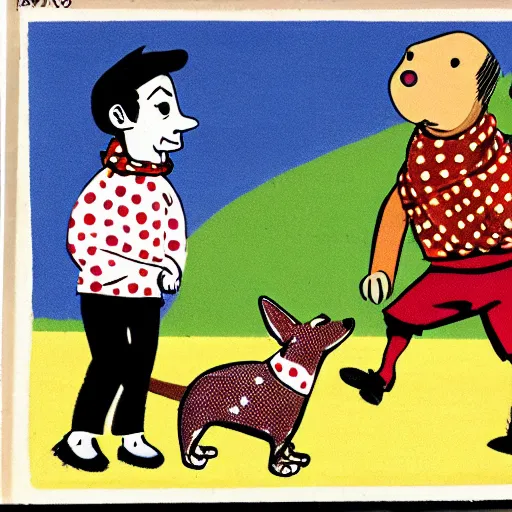 Image similar to illustration of french boy on the streets of paris playing football against a corgi, the dog is wearing a polka dot scarf, comic, 1 9 6 6