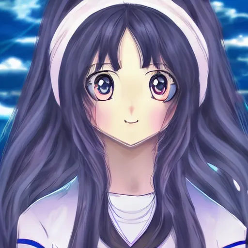 Prompt: beautiful young anime girl, long wavy hair, sky blue eyes, character portrait in the style of yusuke murata, symmetrical, global illumination, radiant light