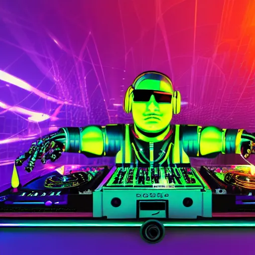 Image similar to album art for a dj, the album is called : dj roborock, big letters dj roborock, 3 steampunk robot heads with robot arms on a dj desk with a cd mixer, 8 k, fluorescent colors, halluzinogenic, multicolored, exaggerated detailed, front shot, 3 d render, octane