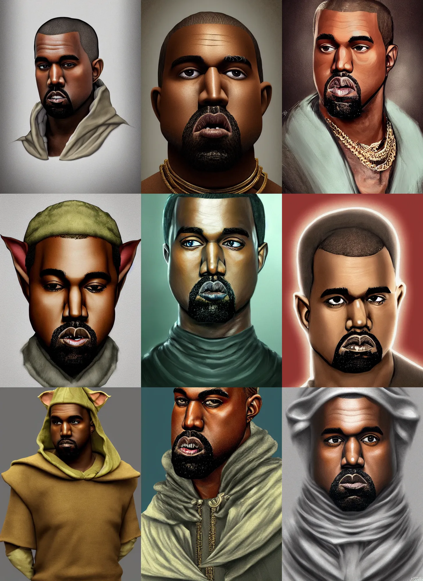 Prompt: portrait of kanye west as an elf from the lord of the rings elf, long hair, pointy ears, artstation, epic, detailed