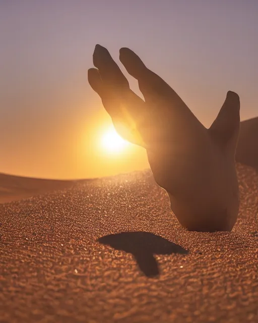 Image similar to photo of a giant human hand protruding from the sand in the sahara desert in the style of mano del desierto, a camel stands off in the distance, golden hour, bokeh