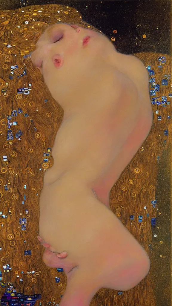 Image similar to a soft and breathtaking detailed painting of a full body sleeping blonde princess in the style of Gustav Klimt, blonde hair, shiny gold, elegant, highly detailed, artstation, fluo colors, concept art, matte, sharp focus, art by Gustav Klimt