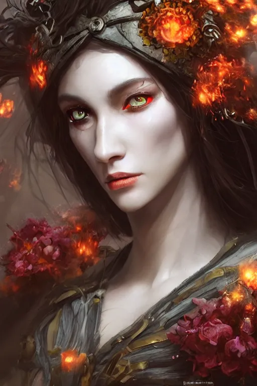 Image similar to face closeup of beautiful girl necromancer, witch - doctor exploding into flowers, angels, 3 d render, hyper - realistic detailed portrait, holding fire and electricity, ruan jia, wlop. scifi, fantasy, magic the gathering, hyper detailed, octane render, concept art, peter mohrbacher