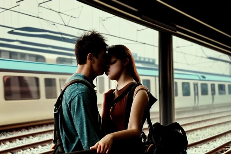 Prompt: vfx movie closeup couple in a train station flat color profile low - key lighting award winning photography cinematography atmospheric cool color - grade