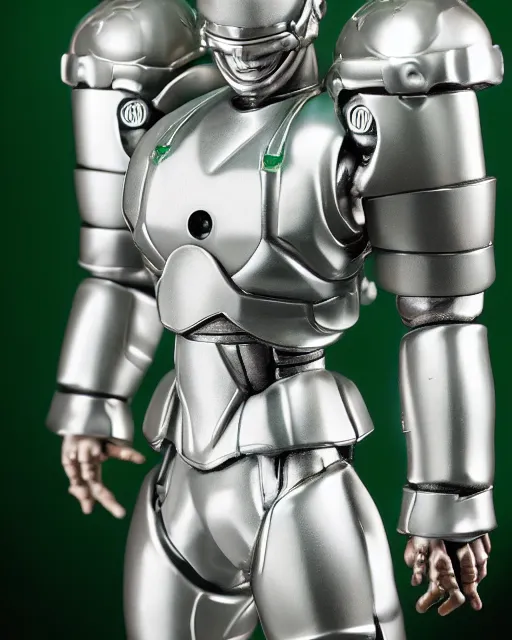 Prompt: portrait of a figurine of cyborg from the sci - fi nintendo videogame metroid. glossy. silver round helmet, silver shoulder pads, green visor. shallow depth of field. suit of armor.