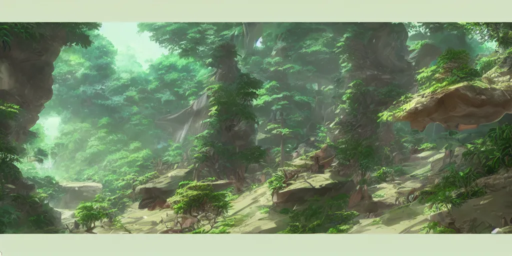 Image similar to Anime environment, huge jungle, animals, simple, rough draft, sketch, muted colors, 8k, trending on artstation