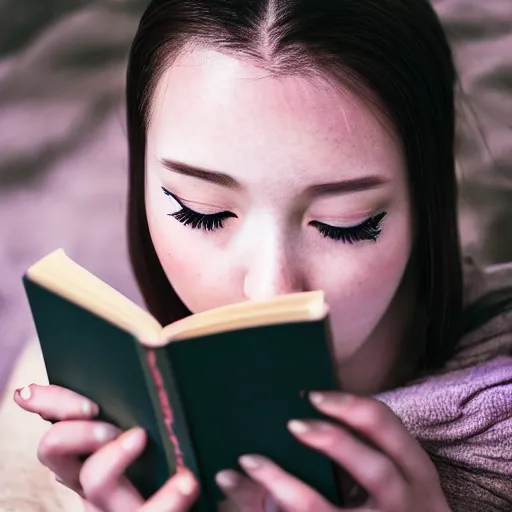 Image similar to a girl reading a book, modelsociety, radiant skin, huge anime eyes, RTX on, perfect face, intricate, Sony a7R IV, symmetric balance, polarizing filter, Photolab, Lightroom, 4K, Dolby Vision, Photography Award