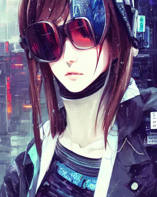 Image similar to kyoto animation, cool girl wearing cyberpunk intricate streetwear, beautiful, detailed portrait, cell shaded, 4 k, concept art, by wlop, ilya kuvshinov, artgerm, krenz cushart, greg rutkowski, pixiv. cinematic dramatic atmosphere, sharp focus, volumetric lighting, cinematic lighting, studio quality