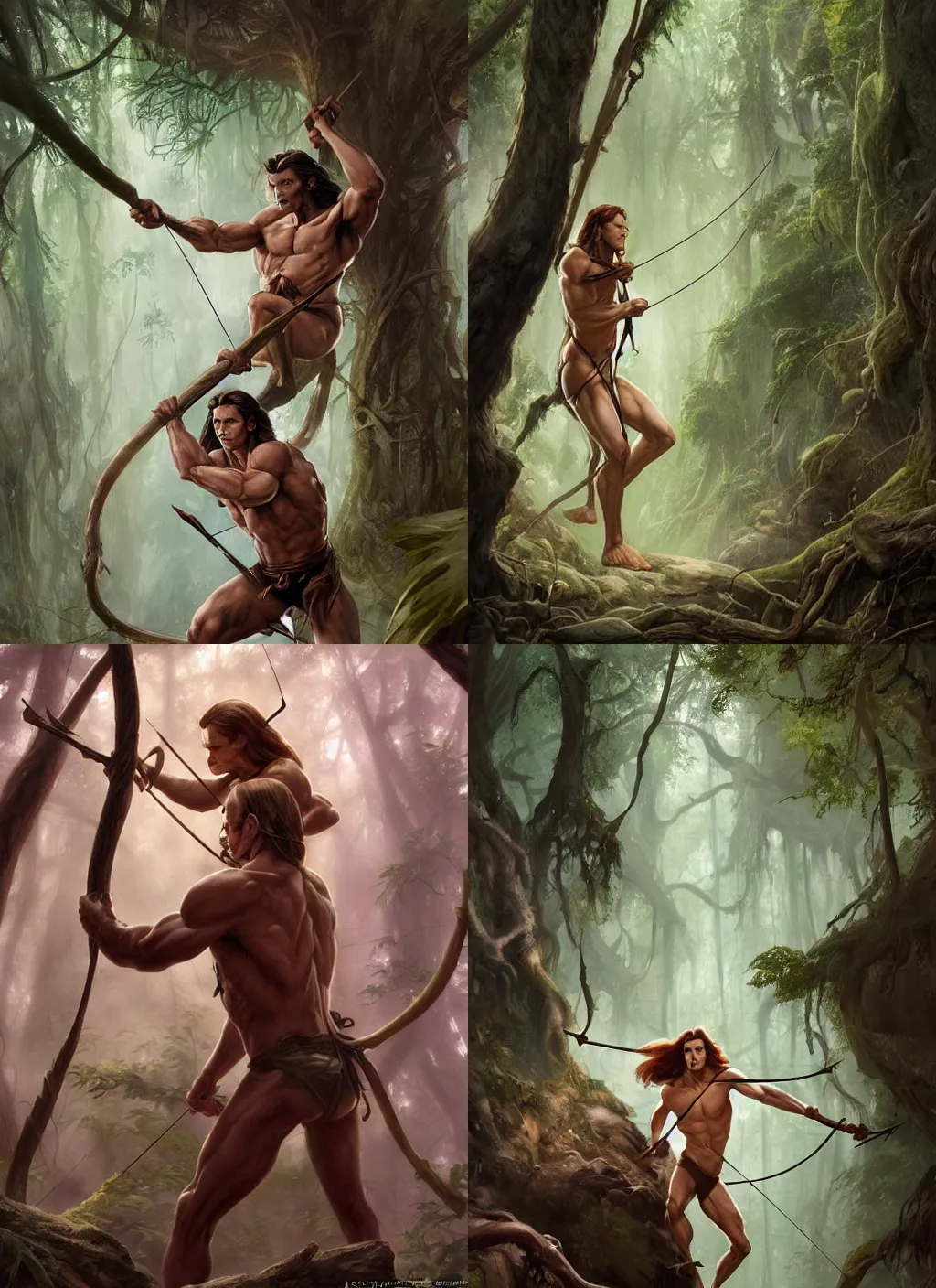 Prompt: A beautiful digital painting of tarzan in the mirkwood forrest holding a bow and arrow looking at the camera by Stanley Artgerm Lau, frank frazetta, Rossdraws, James Jean, gerald brom, Andrei Riabovitchev, Marc Simonetti, and Sakimichan, trending on artstation