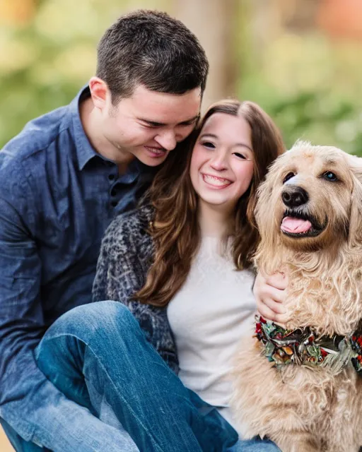 Image similar to An extremely wholesome studio portrait of a happy young couple with their dog, bokeh, 90mm, f/1.4