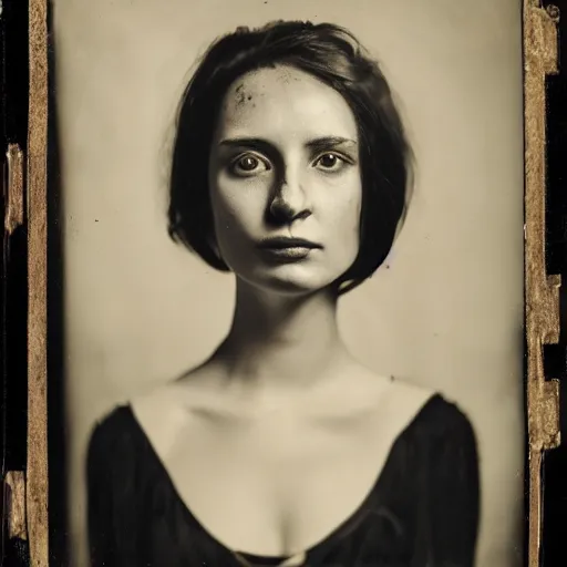 Image similar to unconventionally attractive young woman with short hair, wet plate photography, facial closeup, studio lights, collodion, daugerrotype