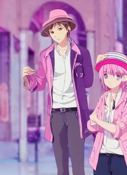 Image similar to a young woman, with a wavy short pink hair and pink fedora hat, wearing a light pink jacket with a dark blue tie, purple gloves and blue jeans shorts and white shoes. She is holding blue neon strings tied on her hand, rich vivid colors, ambient lighting, dynamic lighting, 4k, official media, anime key visual, makoto shinkai, ilya kuvshinov, lois van baarle, rossdraws, detailed, trending on artstation