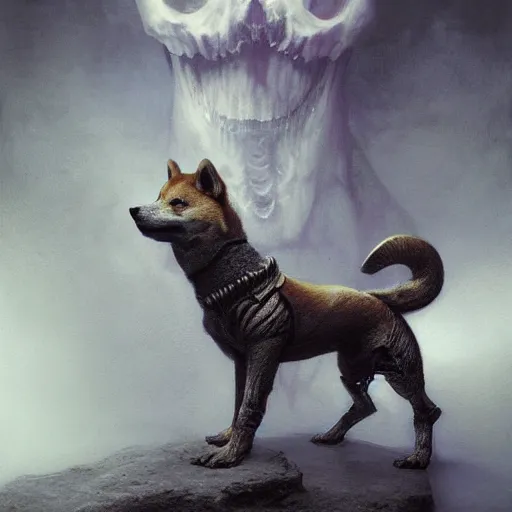 Image similar to armor made of bones, anthropomorphic shiba inu, stuning 3 d render, masterpiece, glowing black aura, foggy dark, by donato giancola and greg rutkowski and wayne barlow and zdzisław beksinski, realistic face