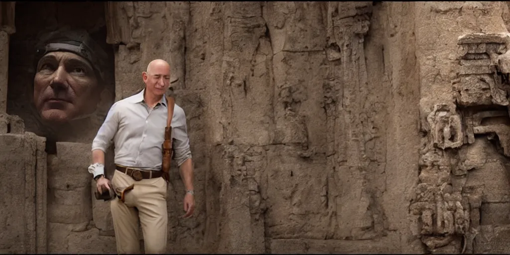 Image similar to film frame of jeff bezos taking a trasure from an ancient temple. indiana jones style 4 k quality rule of thirds jeff bezos dressed as indiana jones detail cinematic color grading by christopher nolan. portrait photography. close shot