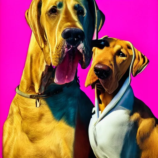 Image similar to golden god and his talking great dane solve mystery, sixties, vivid colour, horror, realistic photography