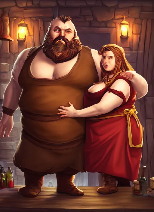 Image similar to an epic fantasy comic book style portrait painting of a hearty man with a big belly and thick beard and large woman who are a couple in a tavern with them both wearing aprons, unreal 5, daz, hyperrealistic, octane render, cosplay, rpg portrait, dynamic lighting