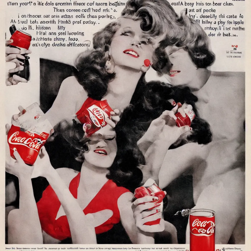 Image similar to a woman drinking a bottle of coke, coka-cola advertisement, retro ad, print advertising, 1960's