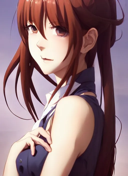 Prompt: 3 / 4 view of a portrait of cute makise kurisu from steins gate, intricate, confident pose, pixie, elegant, sharp focus, illustration, highly detailed, concept art, matte, trending on artstation, anime, art by wlop and artgerm and greg rutkowski, ilya kuvshinov, strong strokes