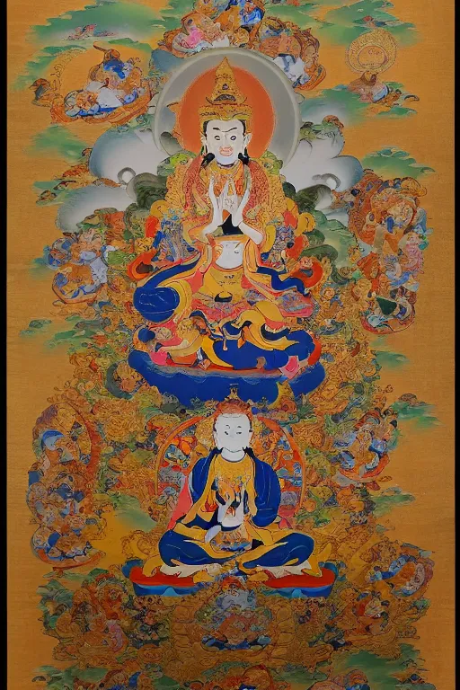 Image similar to a stunning intricate high-quality ornate ultradetailed Manjusri bodhisattva subdue demons, thangka arts, Tibetan, ca 12th century, Manjusri bodhisattva is shown seated on a lotus throne, with his right hand resting on his knee and his left hand holding a sword, Manjusri bodhisattva wears a crown and ample robes, and he has a serene expression on his face. The background is decorated with an intricate pattern of flowers and clouds, by wu daozi, zhang xuan, 64 megapixels, HDR, filmic, Octane, 8K resolution, ultrafine detail, ultrawide-angle lens, micro details, ray tracing,