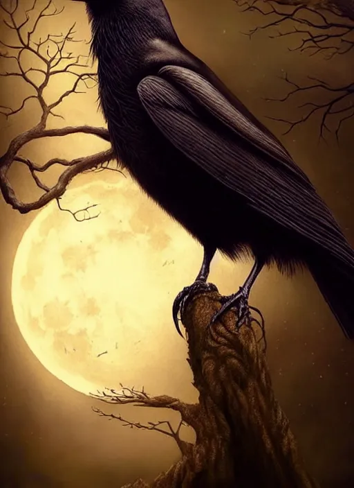 Image similar to side portrait dark crow on tree in front of the full big moon, fine art, awesome fantasy book cover on Pinterest, award winning, fantasy forest landscape, fantasy magic, dark golden light night, intricate, elegant, sharp focus, illustration, highly detailed, digital painting, concept art, matte, art by WLOP and Artgerm and Greg Rutkowski, masterpiece, trending on artstation