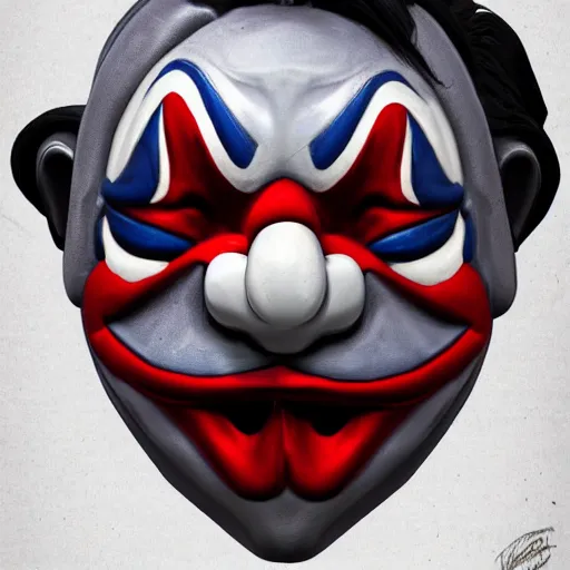 Image similar to creepy clown mask, payday the heist, concept art illustration