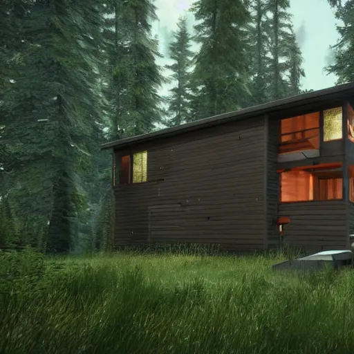 Prompt: modern cabin in the woods. Hyper realistic. Unreal engine. Futuristic