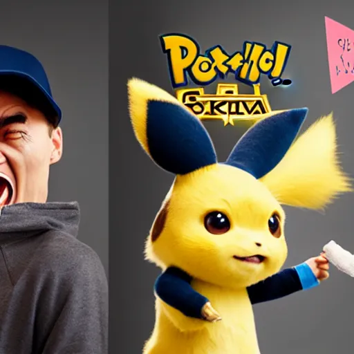 Image similar to portrait mid - sneeze cute detective pikachu mid - sneeze wiping face with rag at a photoshoot studio lighting