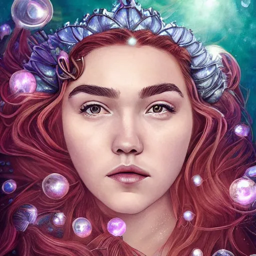 Image similar to “ florence pugh portrait, fantasy, mermaid, hyperrealistic, game character, underwater,, highly detailed, cinematic lighting, pearls, glowing hair, shells, gills, crown, water, highlights, starfish, goddess, jewelry, realistic, digital art, pastel, magic, fiction, ocean, queen, colorful hair, sparkly eyes, fish, heroic, waves, bubbles ”