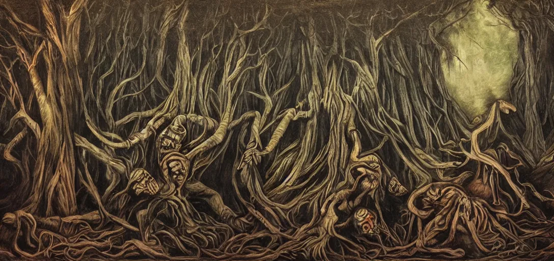 Image similar to A horror painting of a dark fantasy forest, pain, agony, sorrow