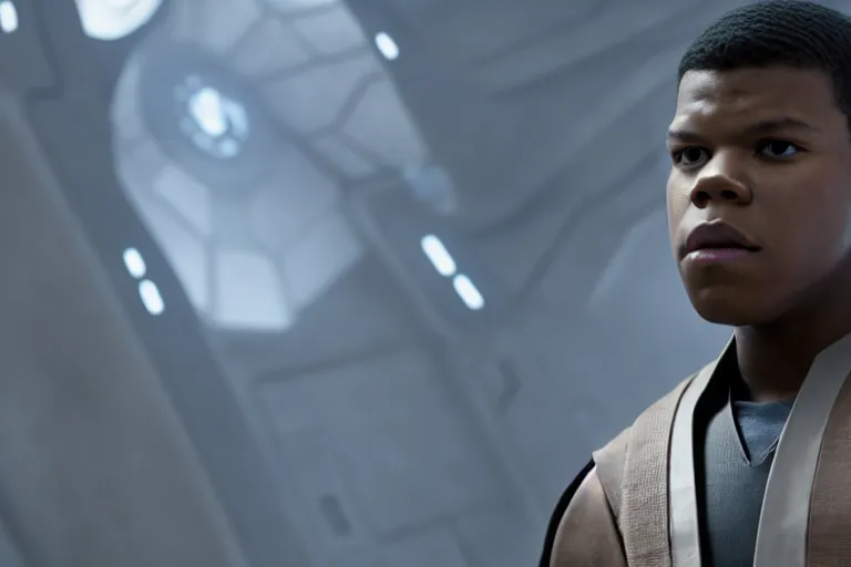 Image similar to Star Wars, Finn played by John Boyega wears jedi robes and wields lightsaber standing alone, full body shot, ultra realistic, 4K, movie still, UHD, sharp, detailed, cinematic, render