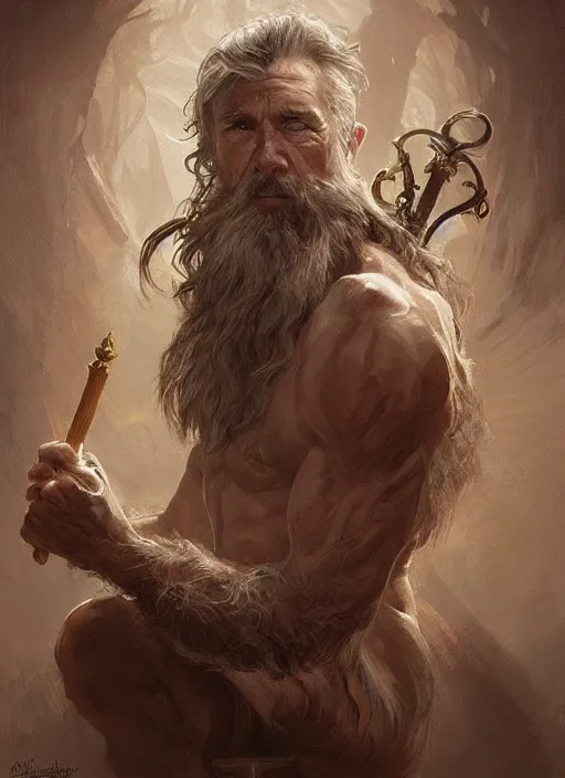 Image similar to portrait of a ruggedly old handsome cleric, soft hair, muscular body, half body, hairy, d & d, fantasy, intricate, elegant, highly detailed, digital painting, artstation, concept art, smooth, sharp focus, illustration, art by artgerm and greg rutkowski and alphonse mucha