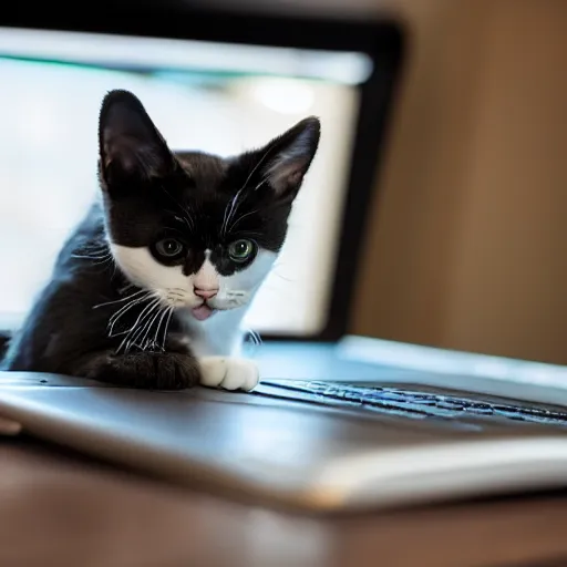 Image similar to a cat looking up cat videos on a computer using mouse with paw, 85mm f1.8