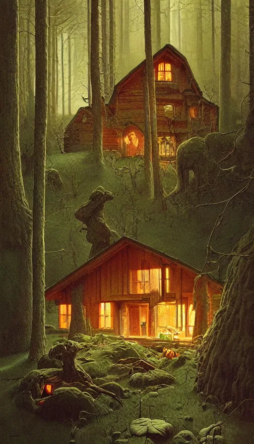 Image similar to cozy home in the woods moody lighting, highly detailed, painting by zdzisław beksinski and norman rockwell and greg rutkowskiweta studio, and lucasfilm