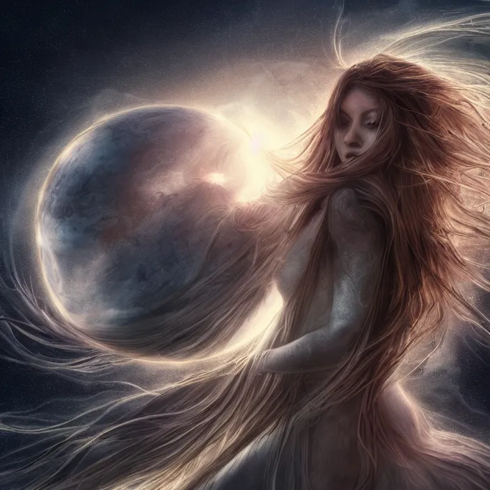 Image similar to gorgeous celestial woman with long hair wrapping downward around planet seen for space, hyper-detailed, smooth, sharp focus, depth map, digital painting, apocalyptic art, fantasy dark art, 4k ultra hd, cinematic