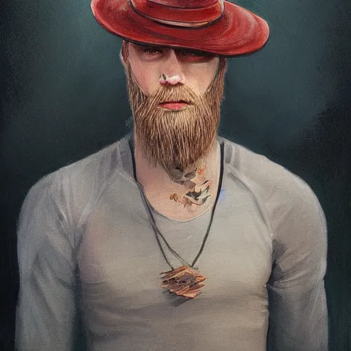 Prompt: a painting of a man with a hat on his head, a character portrait by nina tryggvadottir, trending on deviantart, fantasy art, official art, d & d, detailed painting