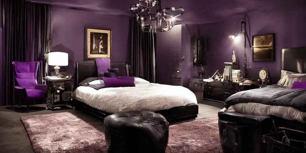 Image similar to night time, moody dark, dark purple leather dungeon bedroom