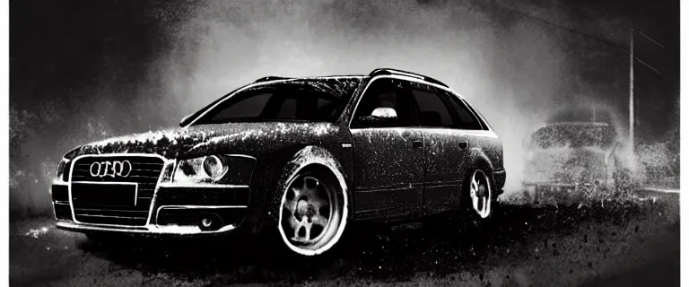 Image similar to Audi A4 B6 Avant (2002), a gritty neo-noir, dramatic lighting, cinematic, eerie person, death, homicide, homicide in the snow, viscera splattered all over the car, gunshots, establishing shot, extremely high detail, photorealistic, red mist, arson, burning city, cinematic lighting, artstation, by simon stalenhag, Max Payne (PC) (2001) winter New York at night, In the style of Max Payne 1 graphic novel, flashing lights, Poets of the Fall - Late Goodbye