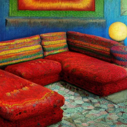 Image similar to psychedelic couch sofa costa blanca, designed by arnold bocklin, jules bastien - lepage, tarsila do amaral, wayne barlowe and gustave baumann, cheval michael, trending on artstation, mediterranean, star, sharp focus, colorful refracted sparkles and lines, soft light, 8 k 4 k