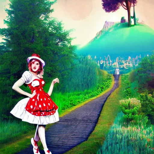 Image similar to a giant alice in wonderland, pin up, houses, trees, mountains, woman, city, digital art, photo