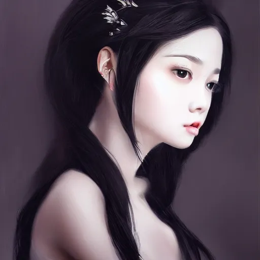 Prompt: a beautiful and elegant girl by wlop, black hair, dream, closeup headshot, high detailed, style of ghost blade, ultra - realistic painting.