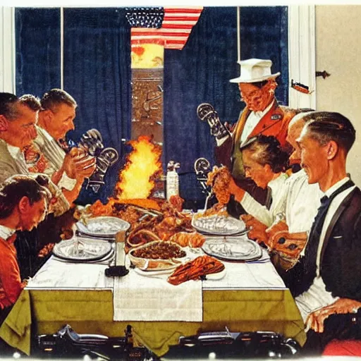 Prompt: a norman rockwell painting of the nasa mars rover eating thanksgiving dinner with robots, award winning,