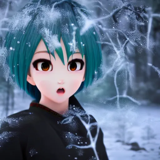 Image similar to portrait focus of super saiyan beautiful 3 d anime girl posing, frozen ice, dark forest background, snowing, bokeh, inspired by masami kurumada, octane render