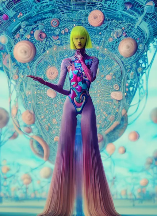 Image similar to pretty futuristic model with hallucination mushroom : : by martine johanna and simon stalenhag and chie yoshii and casey weldon and wlop : : ornate, dynamic, particulate, rich colors, intricate, elegant, highly detailed, vogue, harper's bazaar art, fashion magazine, smooth, sharp focus, 8 k, octane render,