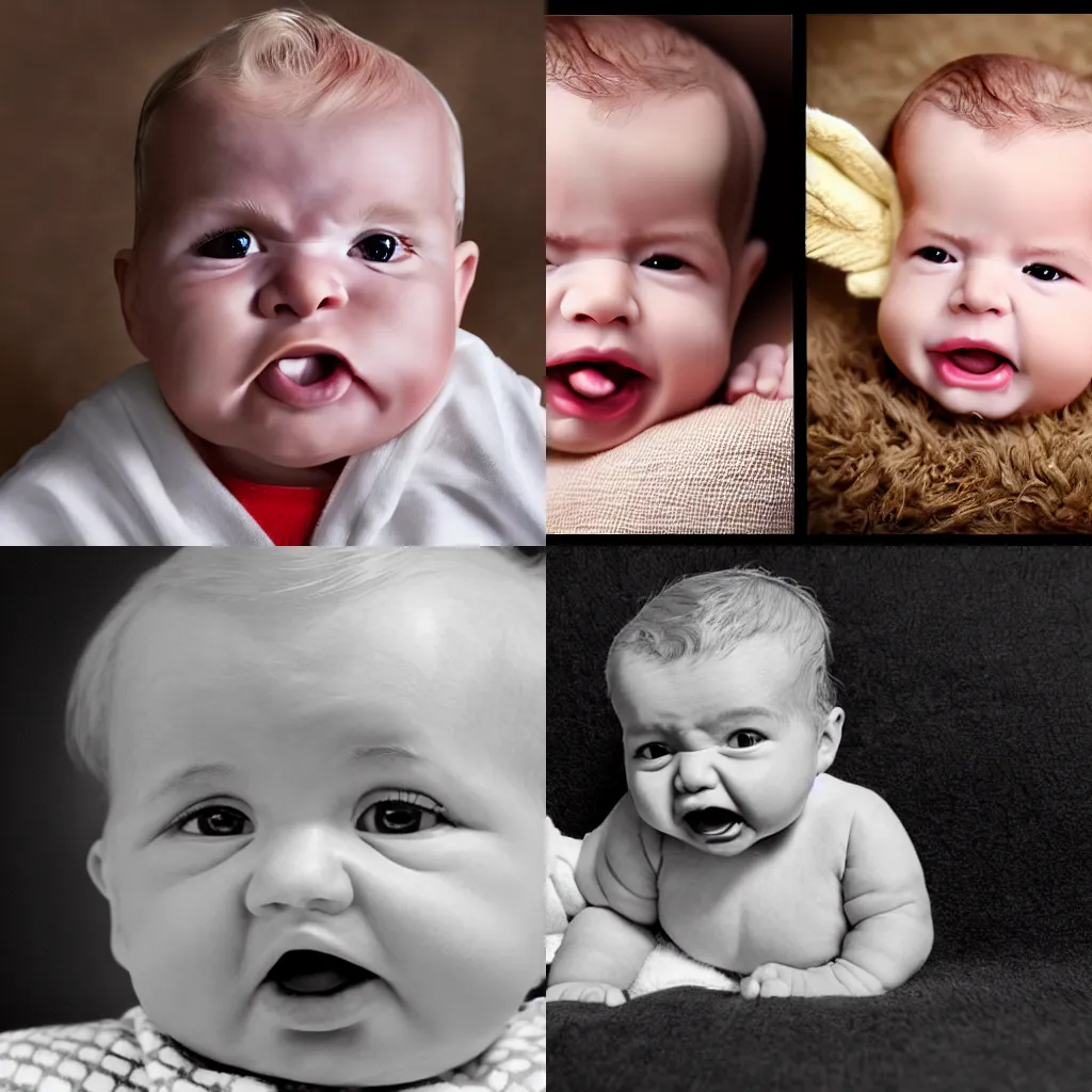 Prompt: donald j trump as a 2 months old baby with a real 7 0 years old face. angry, throwing toys around. professional baby photo shoot. hyper realistic, high detail, close up.
