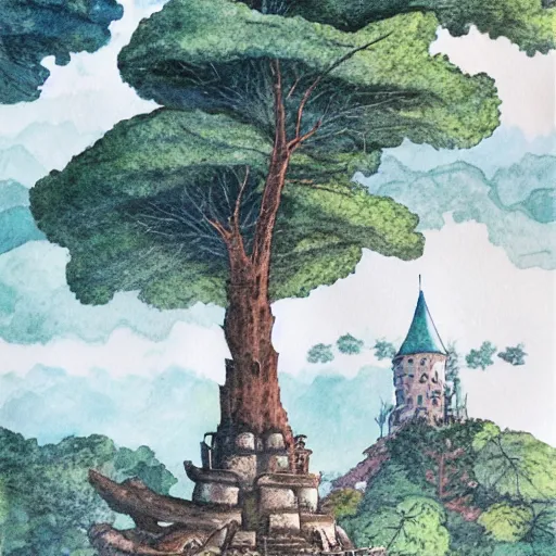 Image similar to laputa castle in the sky robot hayao miyazaki stands in a small clearing among trees, watercolor illustration for a book