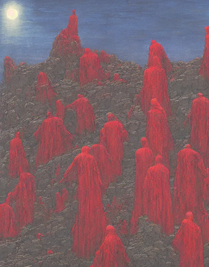 Prompt: worshippers in red robes belonging to the cult of the lighthouse clambering out of the water onto the rocky shore at the base of the light house, walking into the entrance of the light house, high detailed beksinski painting, part by adrian ghenie and gerhard richter. art by takato yamamoto. masterpiece, deep colours, blue